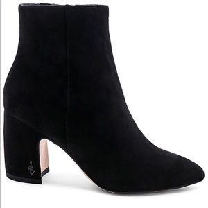 Sam Edelman black suede booties. Gold zipper detail.